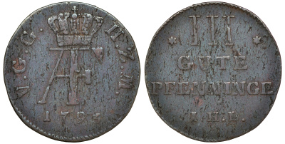 Мекленбург-Стрелиц 3 пфеннига 1793 IHL, Адольф Фридрих IV (1752-1794) KM 75, Kunzel 616, Jaeger 101 медь 4516-365