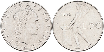 Италия 50 лир 1962 R, бог огня Вулкан у наковальни KM 95.1 нержавеющая сталь 4595-354