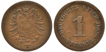 ГЕРМАНИЯ 1 ПФЕННИГ 1889 G, СТАРОГЕРБОВКА KM 1, J. 1, Weege 1 медь 53-548