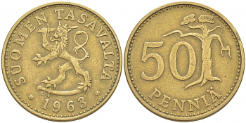 ФИНЛЯНДИЯ 50 ПЕННИ 1963 S КМ 48 алюминиевая бронза 213-1231