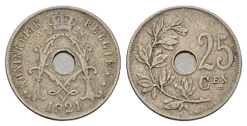 Бельгия 25 сантимов 1921 Belgie, Альберт I (1909-1934) KM 69 медно-никель 4675-445