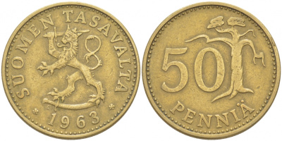 ФИНЛЯНДИЯ 50 ПЕННИ 1963 S КМ 48 алюминиевая бронза 213-1231