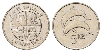 Исландия 5 крон 1987 дельфины KM 28 медно-никель aUNC 4591-413
