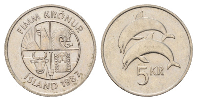 Исландия 5 крон 1987 дельфины KM 28 медно-никель aUNC 4591-413