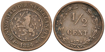Нидерланды 1/2 цента 1884 Виллем III (1849-1890) KM 109 бронза 4576-261