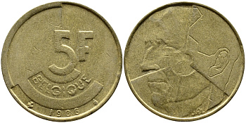 БЕЛЬГИЯ 5 ФРАНКОВ 1986 BELGIQUE KM 163 латунь или алюминиевая бронза 4388-1223