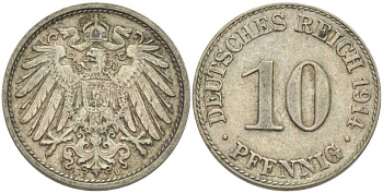 ГЕРМАНИЯ 10 ПФЕННИГОВ 1914 D KM 12, J. 13, Weege 8 медно-никель 212-254