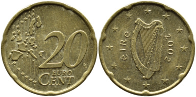 ИРЛАНДИЯ 20 ЕВРОЦЕНТОВ 2002 KM 36 латунь 4390-957