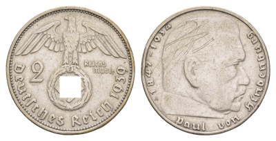 Германия 2 рейхсмарки 1939 A, Гинденбург, символика KM 93 серебро 4654-952