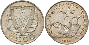 Португалия 5 эскудо 1948 KM 581 серебро aUNC 4579-116