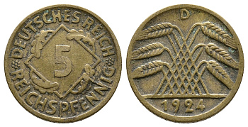 ГЕРМАНИЯ 5 РЕЙХСПФЕННИГОВ 1924 D KM 39, J. 316 алюминиевая бронза 4380-1022
