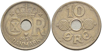 ДАНИЯ 10 ЭРЕ 1935 N ; GJ, КРИСТИАН X (1912-1947) KM 822.2 медно-никель 4383-122