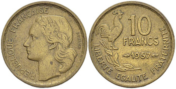 ФРАНЦИЯ 10 ФРАНКОВ 1957 KM 915.1, LE FRANC 363.13 алюминиевая бронза 4551-327