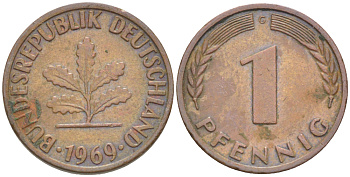 ФРГ 1 ПФЕННИГ 1969 G KM 105, J. 380 сталь плакированная медью 4181-552