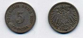 ГЕРМАНИЯ 5 ПФЕННИГОВ 1907 A, KM 11, J. 12 медно-никель 84-969