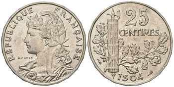 Франция 25 сантимов 1904 KM 856 никель aUNC 113-711