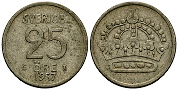 Швеция 25 эре 1957 T;S, Густав VI Адольф (1950-1973) KM 824 серебро 4136-913
