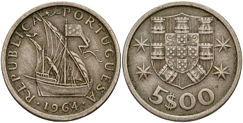 Португалия 5 эскудо 1964 KM 591 медно-никель 4187-1113