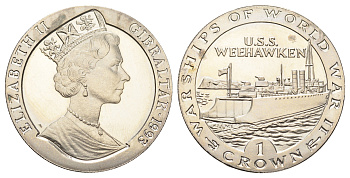 Гибралтар 1 крона 1993 Боевые корабли Второй мировой войны - USS Weehawken KM 116 медно-никель BU 11-181-25