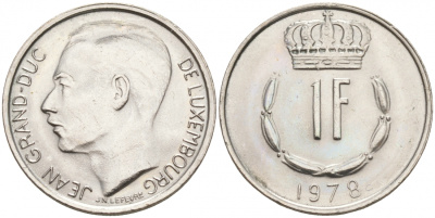 ЛЮКСЕМБУРГ 1 ФРАНК 1978 ВЕЛИКИЙ ГЕРЦОГ ЖАН (1964-2000) KM 55 медно-никель UNC 68-616