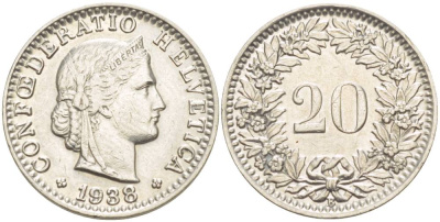 ШВЕЙЦАРИЯ 20 РАППЕНОВ 1938 В KM 29 никель 4511-853