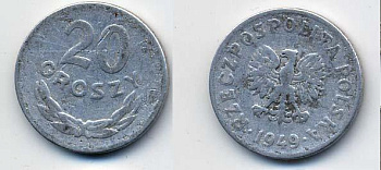 Польша 20 грошей 1949 KM 43а, Parchimowicz 207b алюминий 35-345