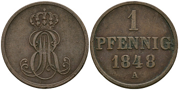 Ганновер 1 пфенниг 1848 A, Эрнст Август (1837-1851) KM 201.2, AKS 130, J. 74 медь 4608-1022