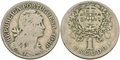 ПОРТУГАЛИЯ 1 ЭСКУДО 1929 ГОЛОВА СВОБОДЫ ВПРАВО KM 578 медно-никель 4563-1021