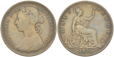 Великобритания 1/2 пенни 1891 Виктория (1837-1901) KM 754, Spink 3956 бронза 4543-1231
