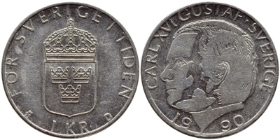 Швеция 1 крона 1990 Карл XVI Густав (1973- ) KM 852a медно-никель 4398-1226