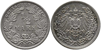 ГЕРМАНИЯ 1/2 МАРКИ 1908 G KM 17, J. 16, Weege 16 серебро 4448-742