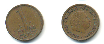 Нидерланды 1 цент 1964 Юлиана (1949-1980) KM 180 бронза 83-934