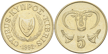 Кипр 5 центов 1992 голова быка KM 55.3 никель латунь    4595-933