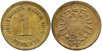 ГЕРМАНИЯ 1 ПФЕННИГ 1876 D, СТАРОГЕРБОВКА KM 1, J. 1 медь 4396-251