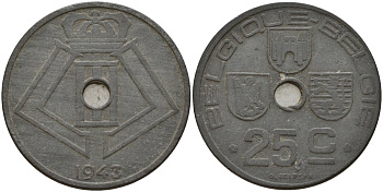 Бельгия 25 сантимов 1943 Belgique - Belgie, Леопольд III (1934-1947), германская оккупация, Вторая мировая война KM 131 цинк 4157-444