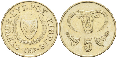 Кипр 5 центов 1992 голова быка KM 55.3 никель латунь    4595-933