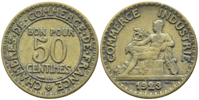ФРАНЦИЯ 50 САНТИМОВ 1923 CHAMBRES DE COMMERCE KM 834, LE FRANC 191.6 алюминиевая бронза 4392-733