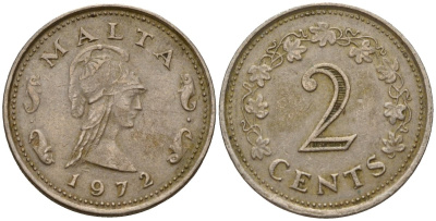 Мальта 2 цента 1972 Пентесилея, царица амазонок KM 9 медь цинк 4154-644
