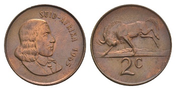 ЮАР 2 цента 1965 Ян ван Рибек (1619-1677), Suid Africa, легенда на африкаанс, антилопа KM 66.2 бронза 4177-216