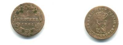 Нассау 1 крейцер 1861 Герцог Адольф (1839-1866) KM 55 серебро 53-213