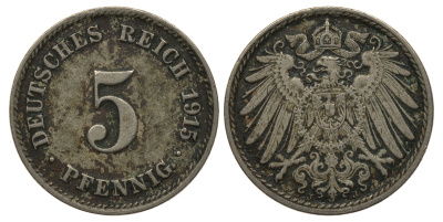 Германия 5 пфеннигов 1915 J, KM 11, J. 12 медно-никель 413-6114