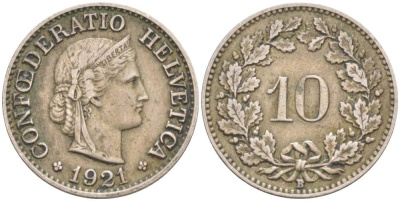 ШВЕЙЦАРИЯ 10 РАППЕНОВ 1921 В KM 27 медно-никель 66-656
