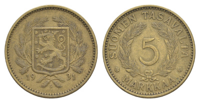 Финляндия 5 марок 1931 S KM 31 алюминиевая бронза 4648-621