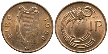 ИРЛАНДИЯ 1 ПЕННИ 1988 ПТИЧКА KM 20 бронза UNC 4110-651