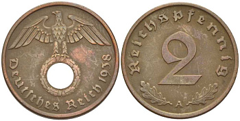 ГЕРМАНИЯ 2 РЕЙХСПФЕННИГА 1938 A KM 90, J. 362 бронза 261-912