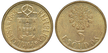 Португалия 5 эскудо 1988 KM 632 никель латунь 4142-1131