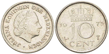 НИДЕРЛАНДЫ 10 ЦЕНТОВ 1973 ЮЛИАНА (1948-1980) KM 182 никель 214-1263