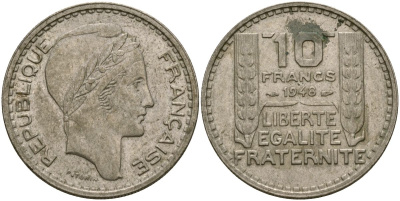Франция 10 франков 1948 тип Пьер Турин KM 909.1, Le Franc 362.3 медно-никель 4120-1225