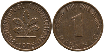 ФРГ 1 ПФЕННИГ 1975 J KM 105, J.380 сталь плакированная медью 96-1068