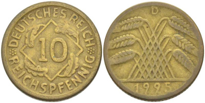 ГЕРМАНИЯ 10 РЕЙХСПФЕННИГОВ 1925 D KM 40, J. 317, Weege 9 алюминиевая бронза 210-345